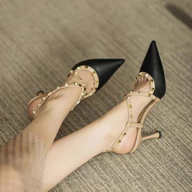 Yyvonne French Fine-Heeled High-Heeled High-Heeled Rivet Thorned Roman Sandals In The Summer Of 2025
