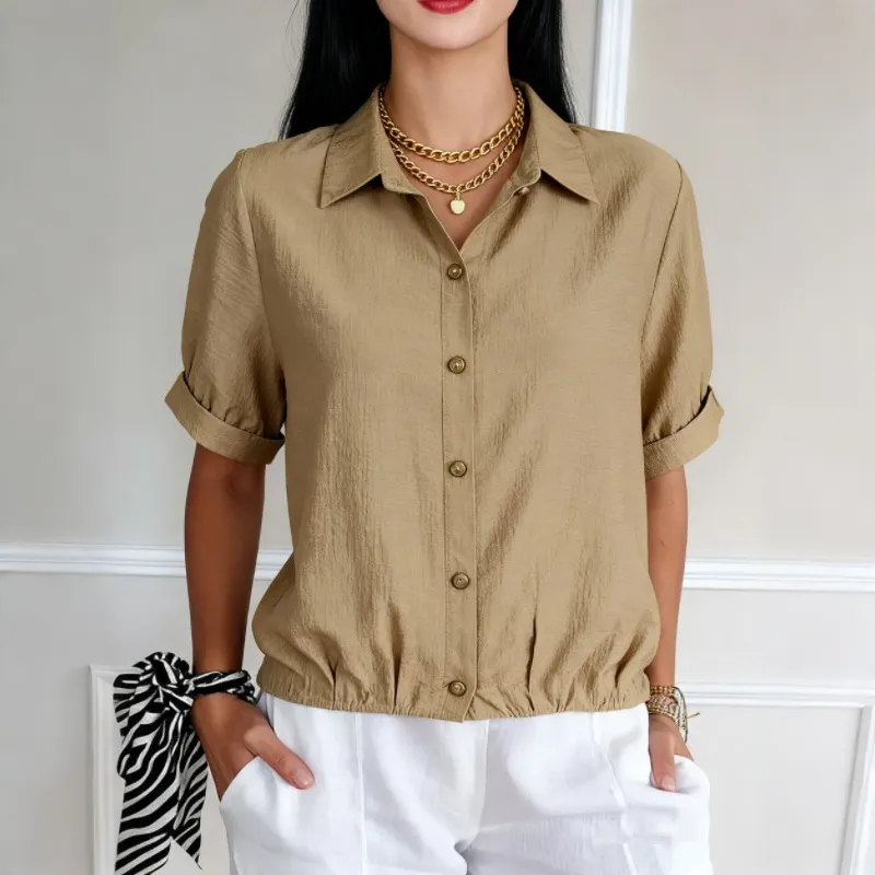 Women's Solid Color Button Blend Loose Short Sleeve Shirt elevenforest