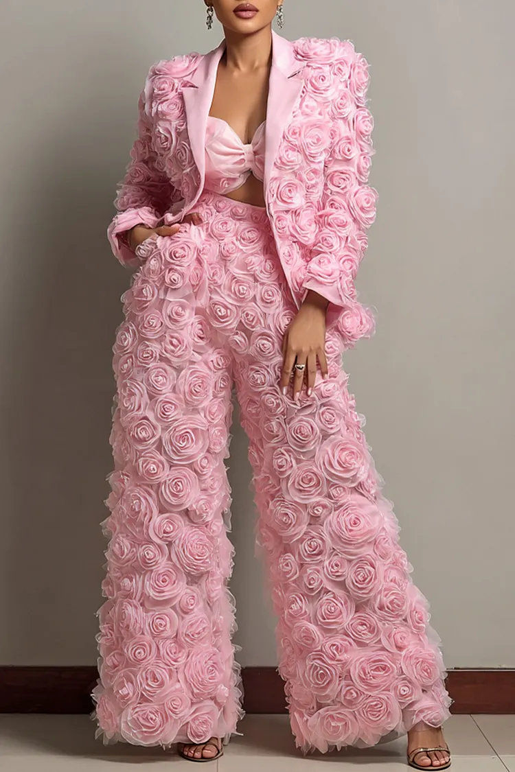 Xpluswear Design Plus Size Formal Pink Lapel Collar Long Sleeve 3D