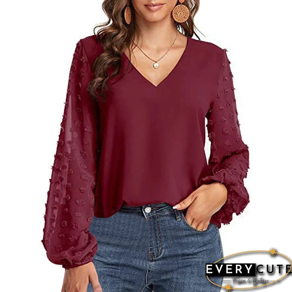 Burgundy V Neck Splicing Swiss Dot Long Sleeve Blouse
