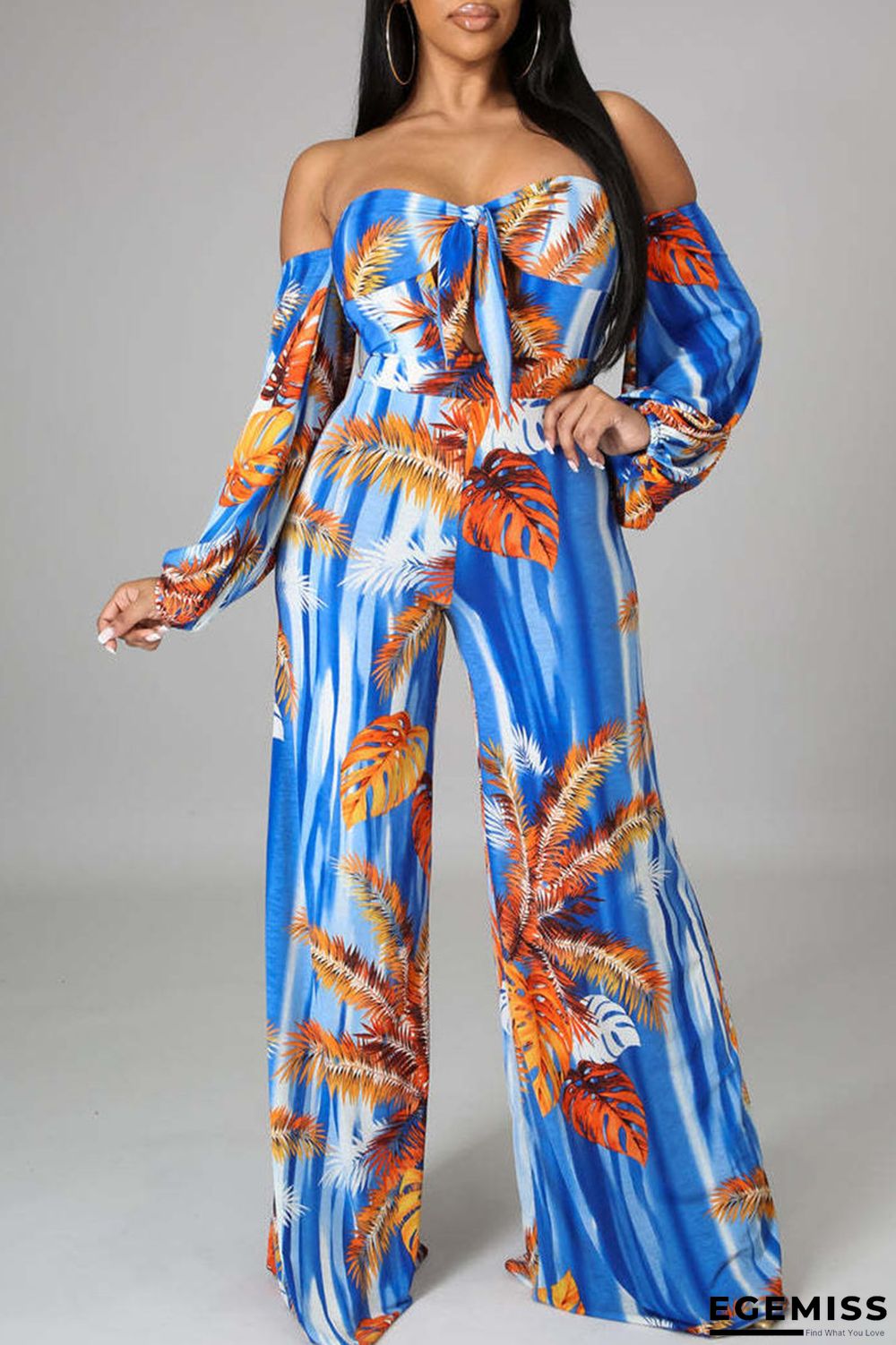 Blue Sexy Print Patchwork Off the Shoulder Straight Jumpsuits | EGEMISS