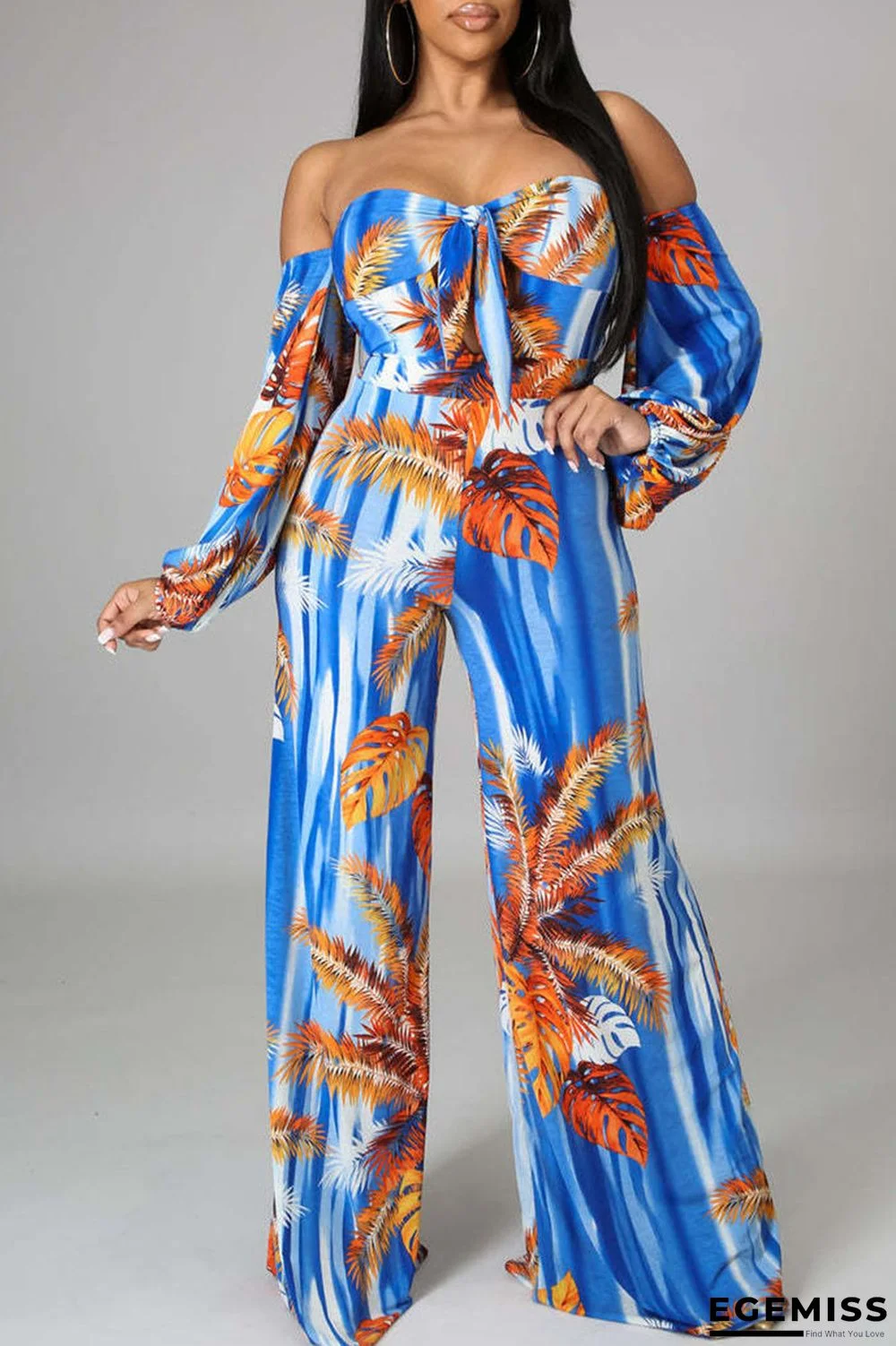 Blue Sexy Print Patchwork Off the Shoulder Straight Jumpsuits | EGEMISS