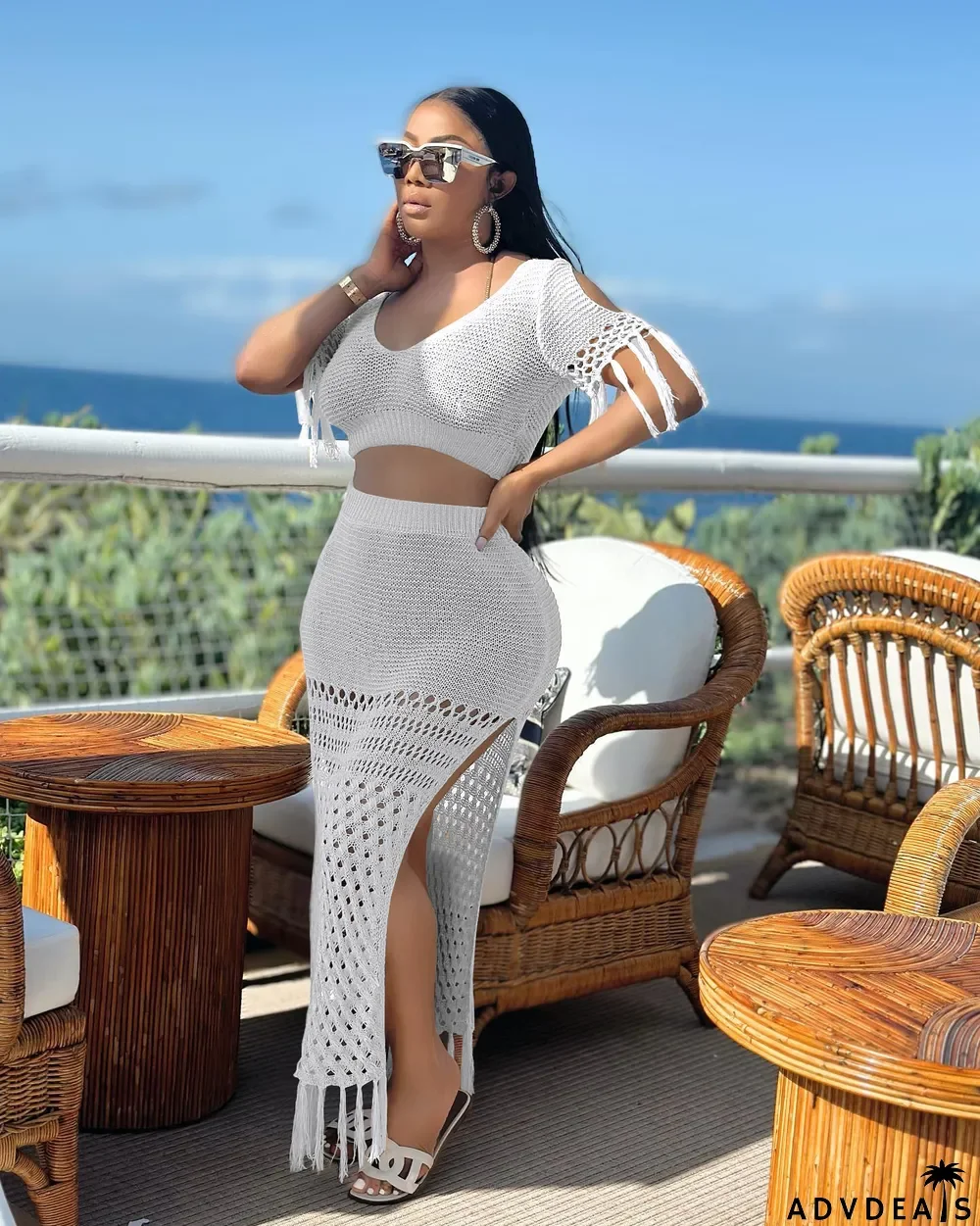 Ladies Casual Sexy Split Woolen Crochet Knitting Tassel Two-Piece Set