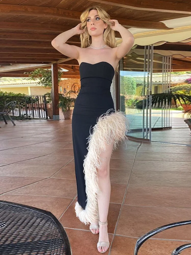 Christmas gifts Sexy Strapless Feather Hems Luxury Wedding Birthday Party Dress For Women 2023 Fall Elegant Off Shoulder Ladies Black Dresses