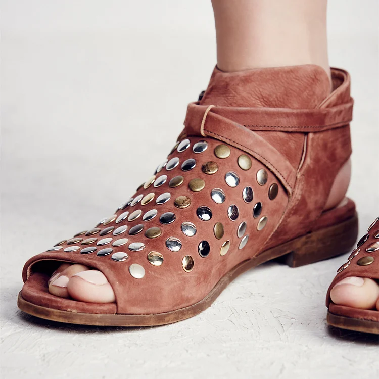 Tan Sandals Vintage Shoes Slip-on Vegan Suede Rivets Comfortable Flats |FSJ Shoes
