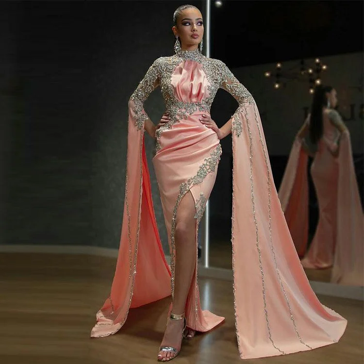 Promsstyle Promsstyle Pink splicing ultra long sleeve mock neck evening dress Prom Dress 2023