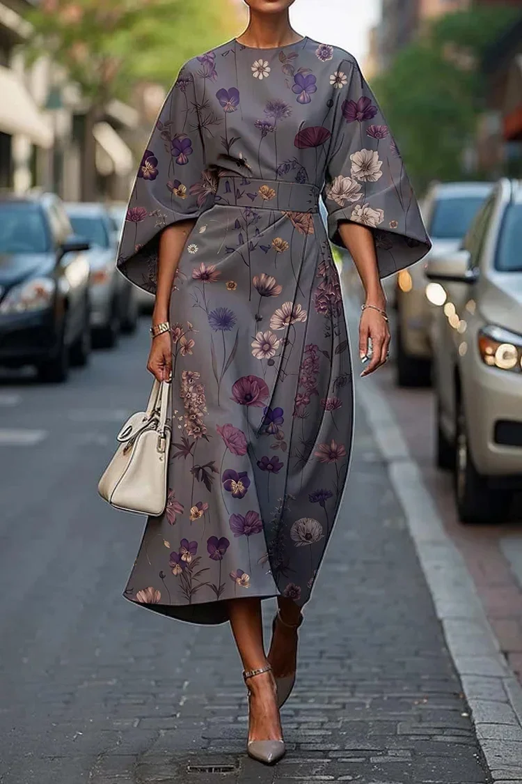 Women's Vintage Elegant Floral Art Print Midi Dress