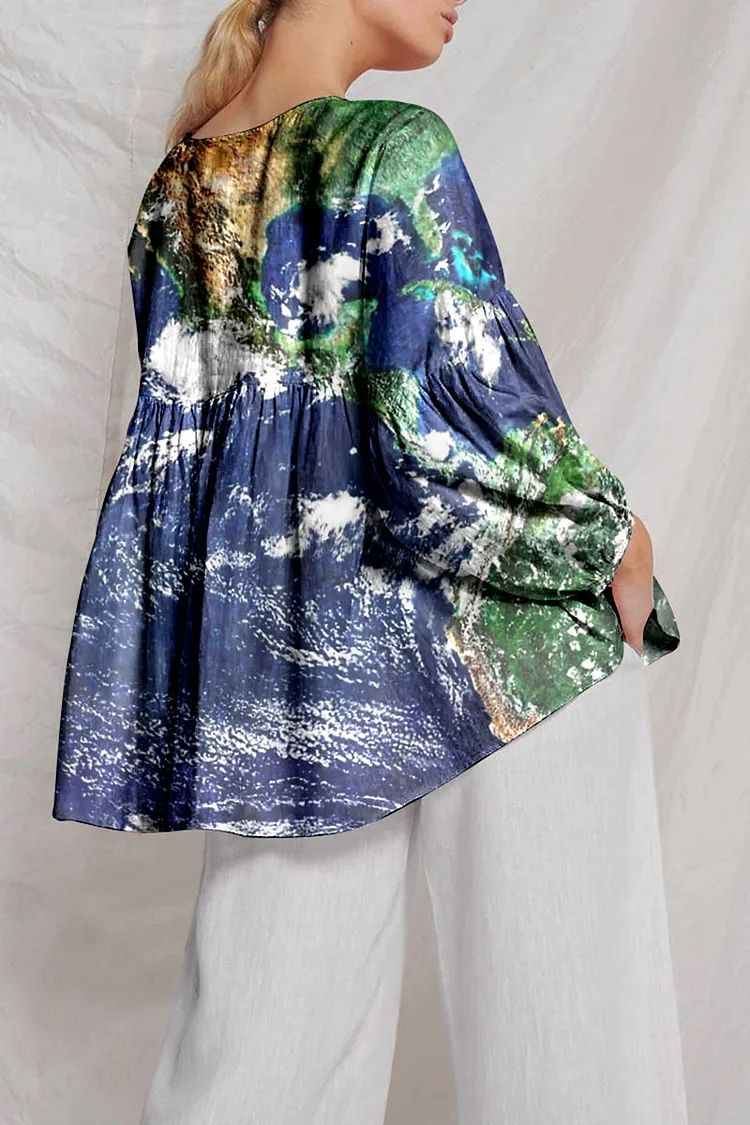 Blue Pattern Print Frill Stitching V Neck Lantern Sleeve Linen Top [Pre Order]