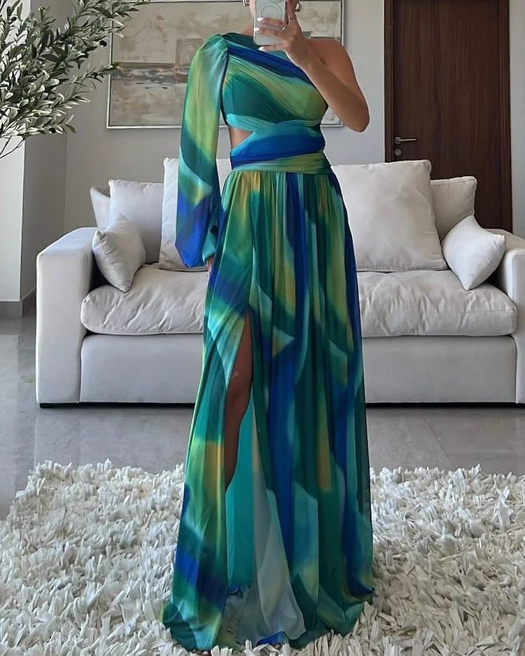 One-shoulder slit cutout printed dress