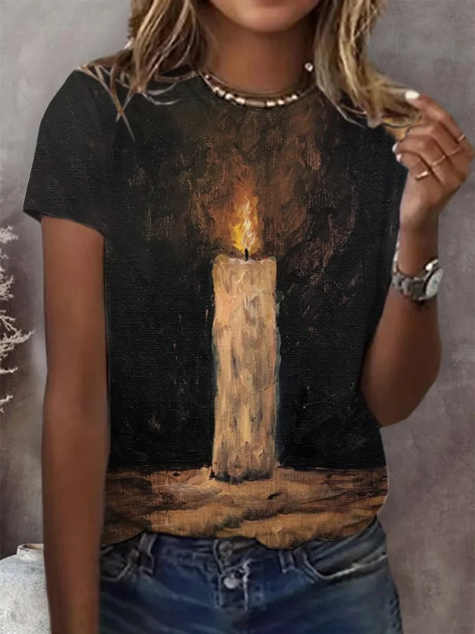 Women's Candle Print Casual T-Shirt