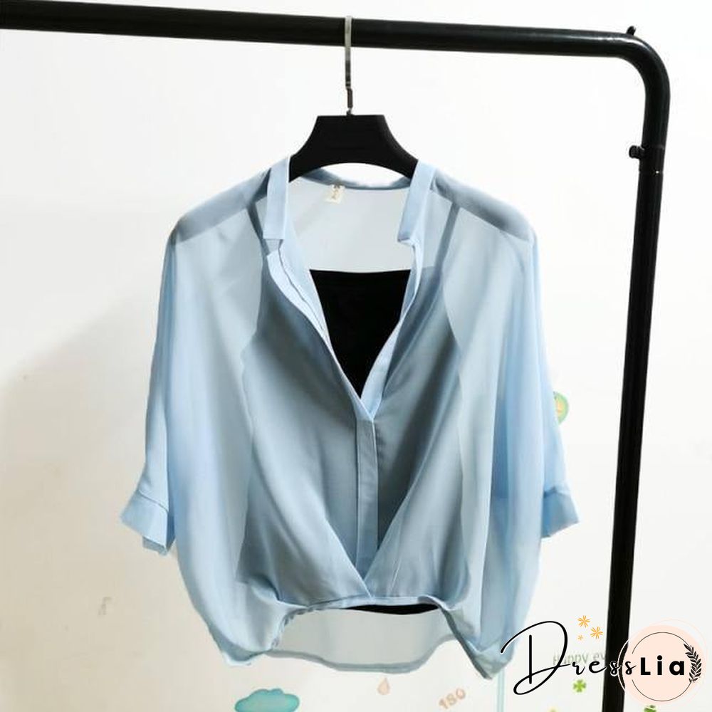 Ladies Two Piece Set Leopard Chiffon Shirts Summer Half Sleeve Loose V-Neck Women Casual Blouse Sexy Plus Size Striped Tops