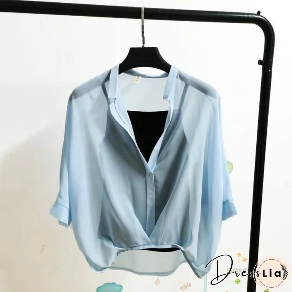 Ladies Two Piece Set Leopard Chiffon Shirts Summer Half Sleeve Loose V-Neck Women Casual Blouse Sexy Plus Size Striped Tops