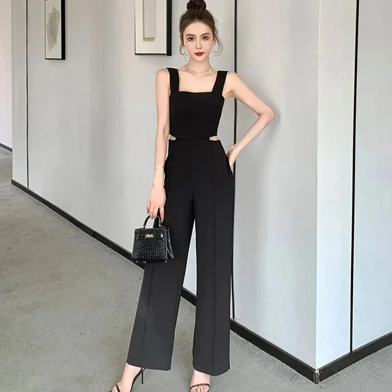 Wongn Fashion Elegant Women Jumpsuits Chic Black Hollow Sexy Strap Backless Party Beach Femme Mujer Wide Leg Loose Rompers Summer