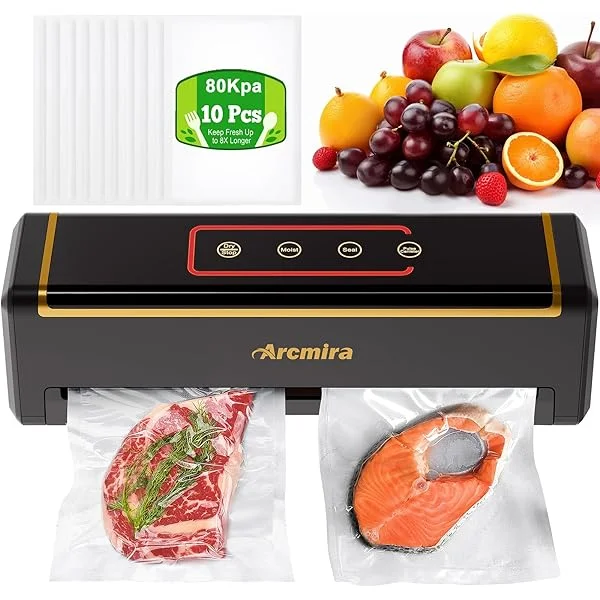 Vacuum Sealer Machine, Full Automatic Food Vacuum Sealer Machine (80KPA), 5 in 1 Arcmira Compact Vacuum Sealer with 10 Sealer Bags, Built-in Cutter