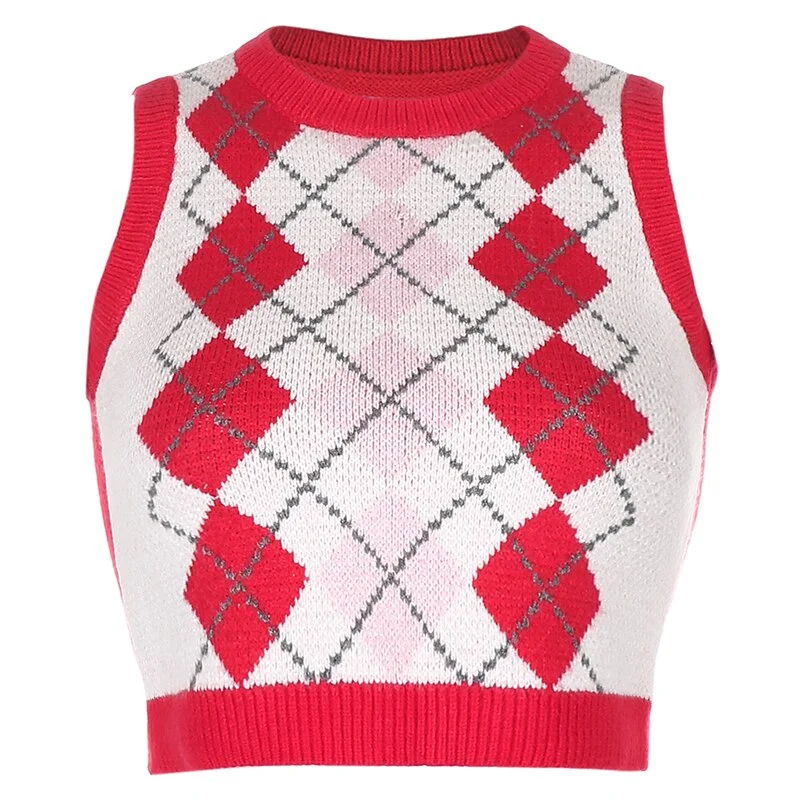 HEYounGIRL Argyle Vintage Sleeveless Sweater Vest Sweat Cute Casual Plaid Knitted Crop Top Tee Y2K Fashion Knitwear Jumpers 2021