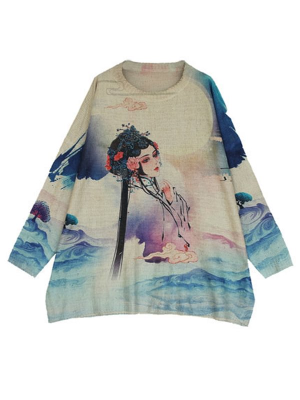 Artistic Retro Cartoon Printed Kintting Sweater