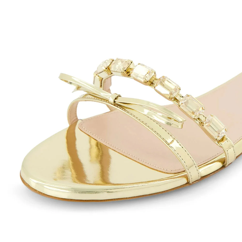 Gold Metallic Round Toe Flat Rhinestone Slides for Women with Bow