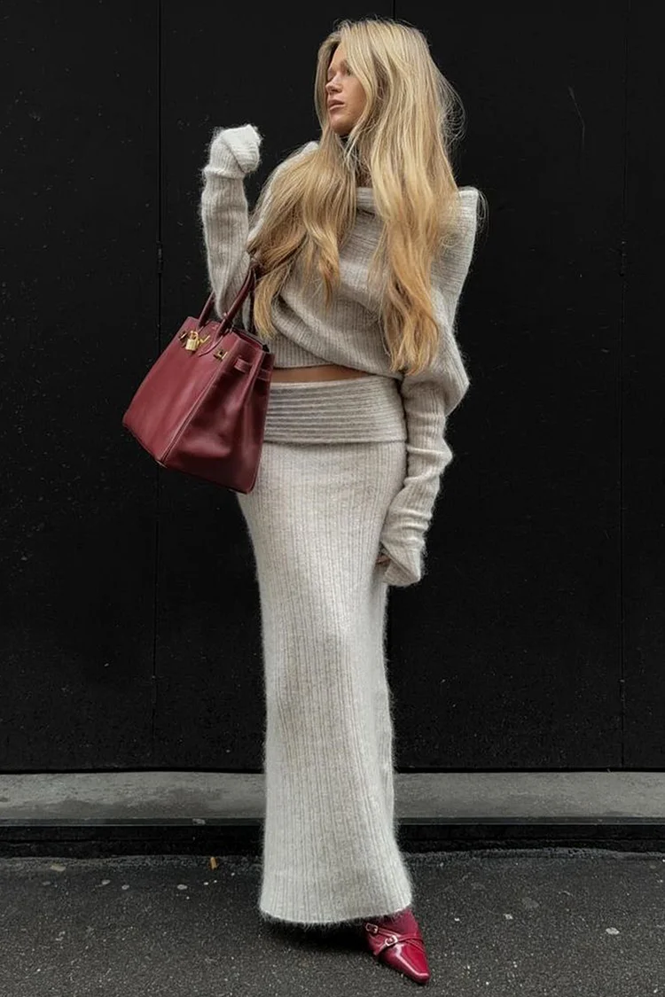 Off Shoulder Long Sleeve Oversized Sweater Knit Midi Skirt Matching Set-Beige
