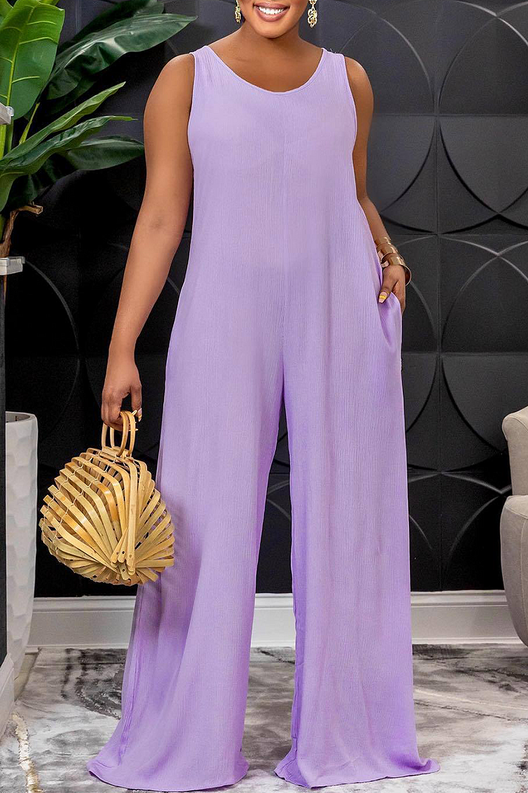 Solid Color Sleeveless Tie Up Backless Wide Leg Jumpsuit-Purple