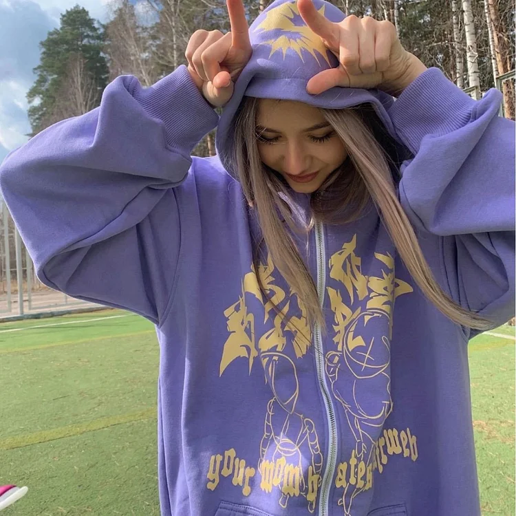 Purple Oversized Hoodie Streetwear Y2K Tops Hip hop Sweatshirts Pullover Hoodie at Hiphopee