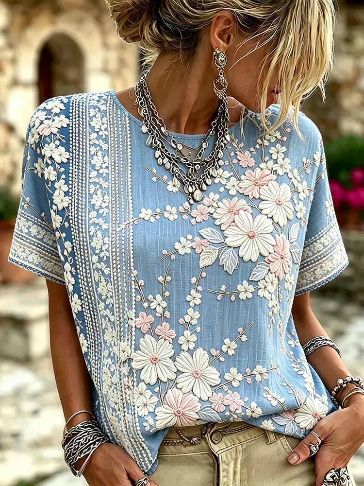 Comstylish Vintage Striped Floral Embroidery Short Sleeve Top, Women Crew Neck 3d Flower Boho Blouse