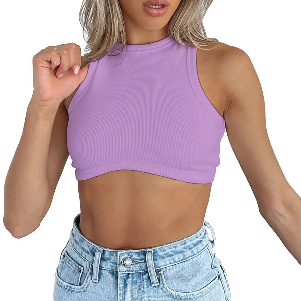 Uveng Uveng Women's New Women's Sexy Sleeveless Round Neck Rib Knit Vest Crop Top