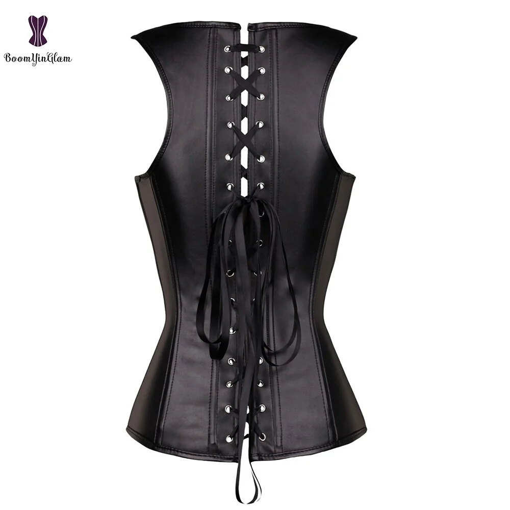 Uaang Boned Women's Body Shapewear Vest Faux Leather Buckle Up Front