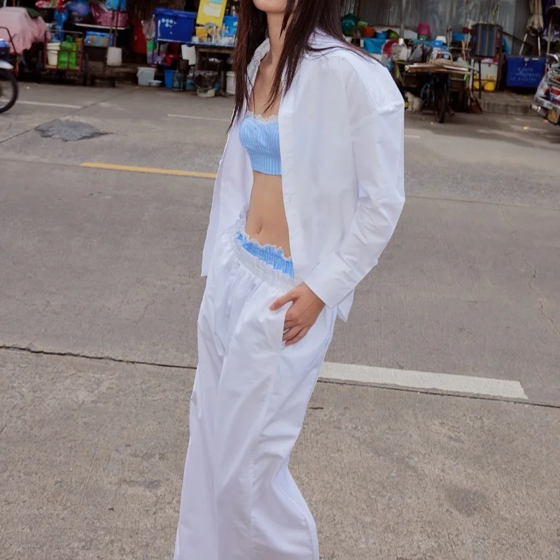 Uveng Uveng 2024 Women's Fashion Casual And Sexy Three-Piece Solid Color Set With Long-Sleeved Shirt And Wide-Leg Pants