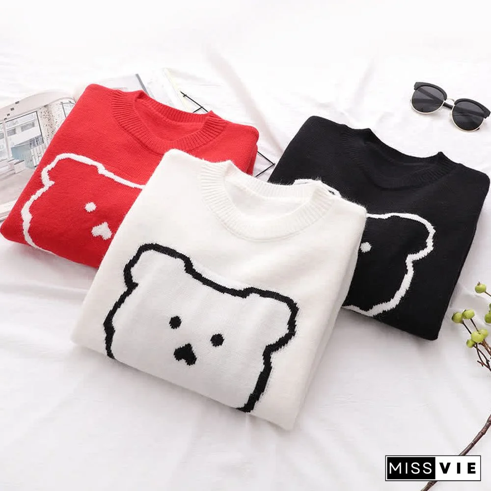 Cartoon Bear Pattern Stripe Sleeve Knit Sweater