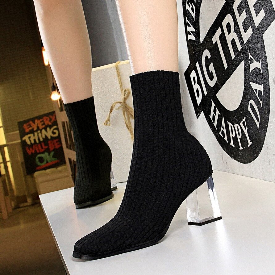 Korean version of fashion transparent crystal and high heel winter short boots comfortable and thin wool boots