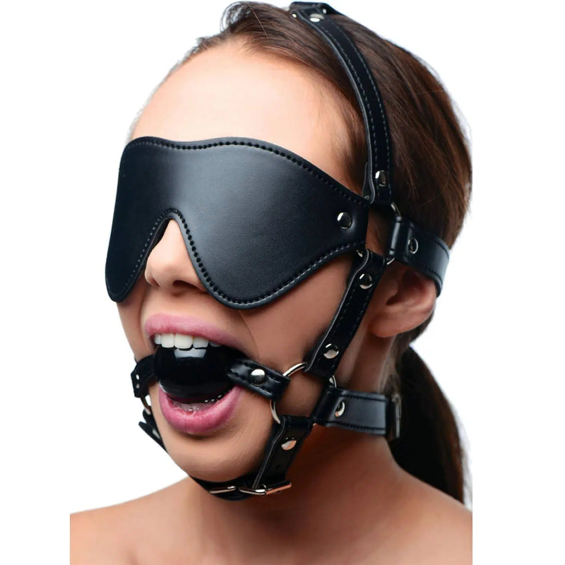 Hushbound - Bdsm 2-in-1 Ball Gag & Eye Mask Fetish Adult Sex Toys, Adjustable Leather Straps, Breathable Mouth Ball Gags With Head Harness Restraints Blindfold Bondage Gear By Rose Toy