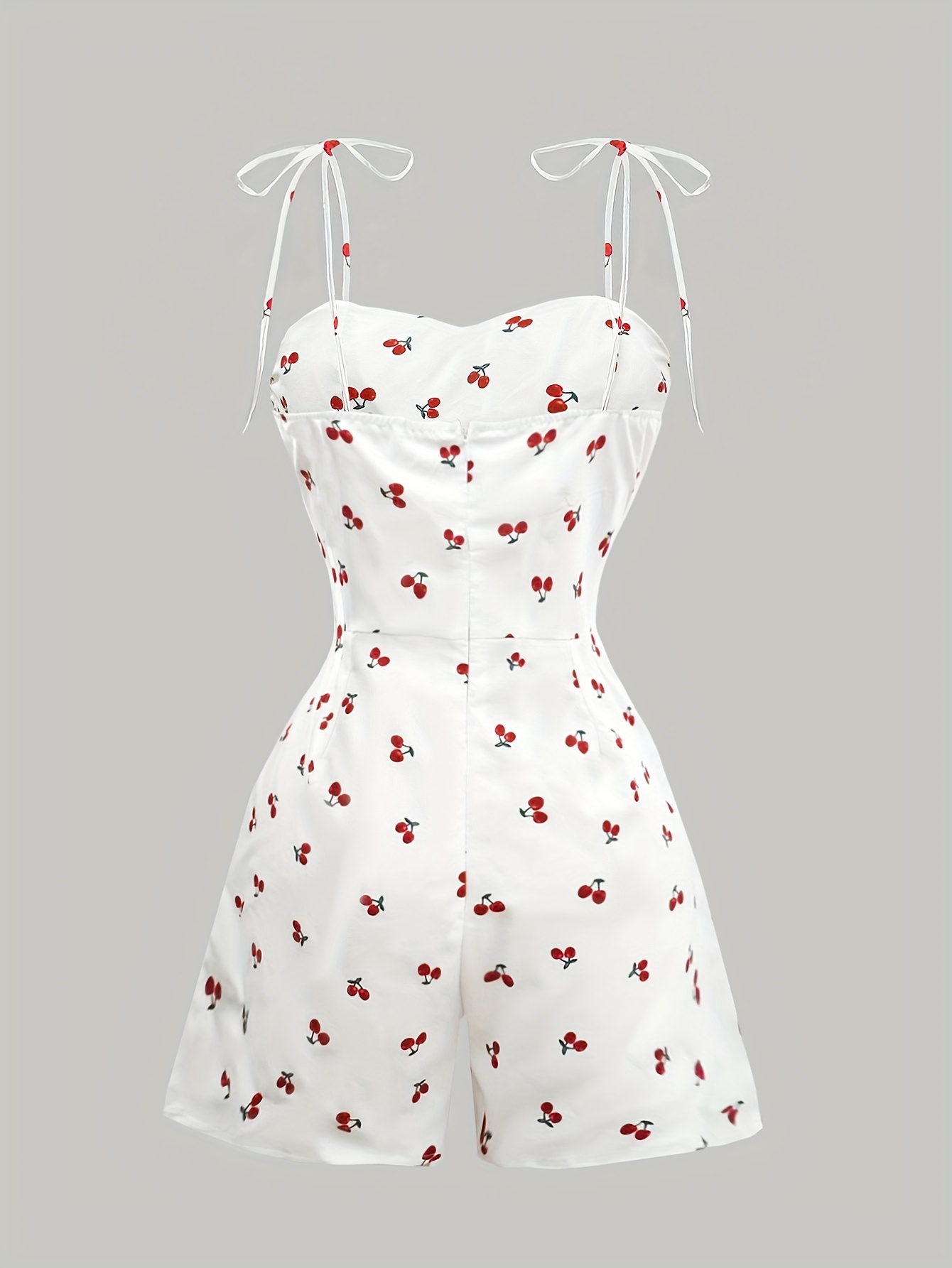 Women's Elegant Cherry Print Smocked Waist Adjustable Tie-Front Strapless Mini Dress - Lightweight Machine-Washable Summer Dress For Spring Summer Fall, Casual To Semi-Formal Occasions, Short Summer Dresses