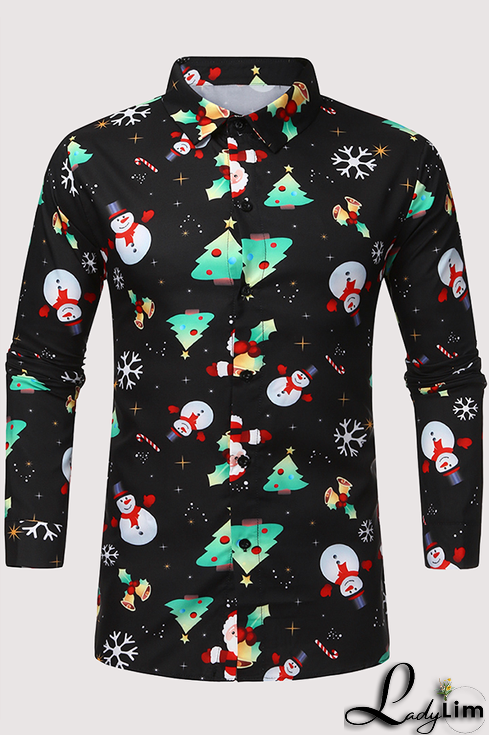 Black Casual Street Santa Claus Christmas Tree Printed Buckle Turndown Collar Tops