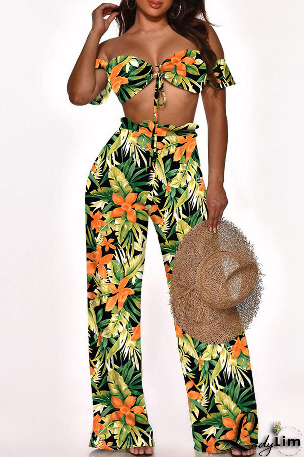 Cyan Fashion Sexy Print Bandage Backless Strapless Two Pieces