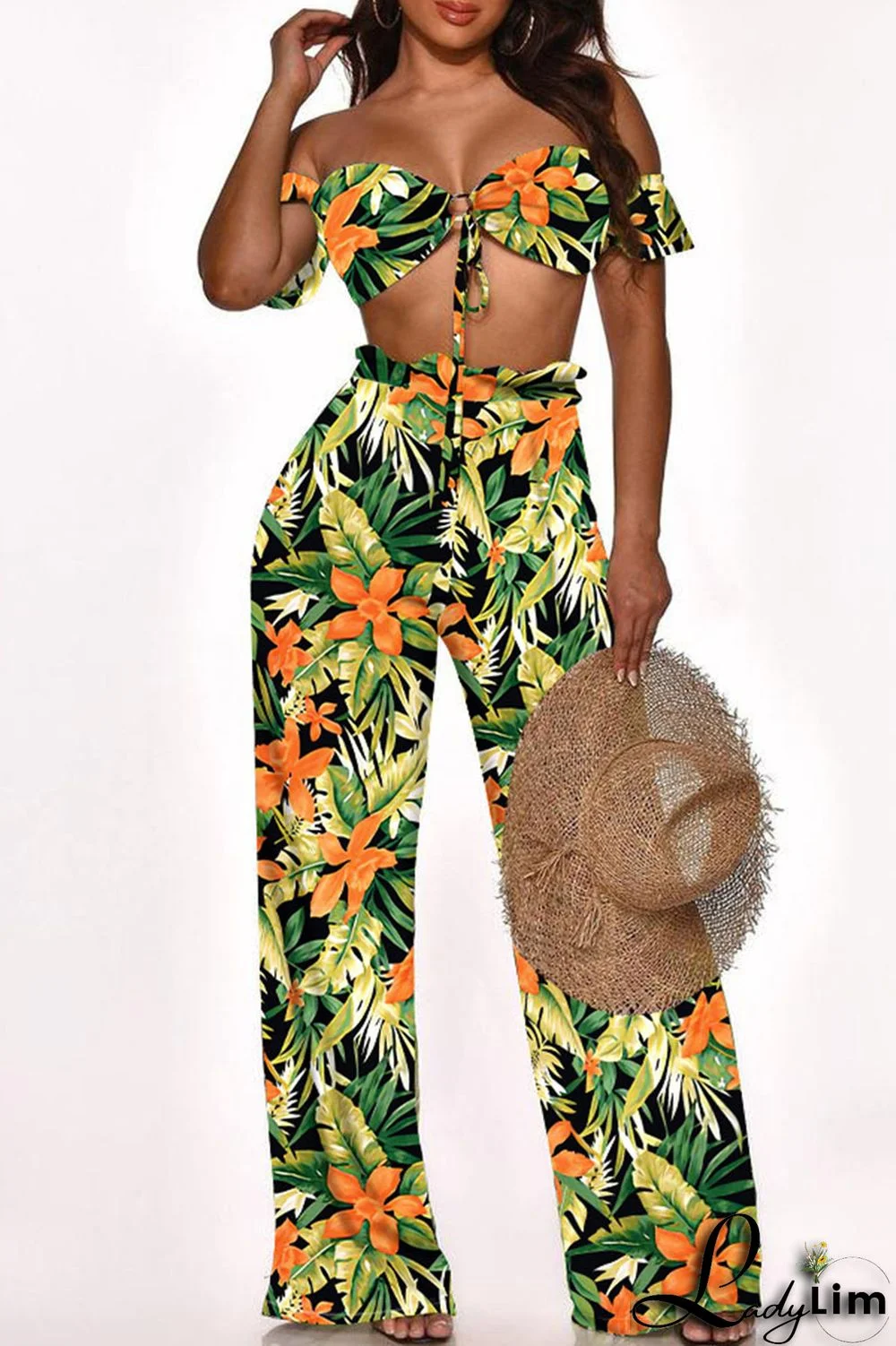 Cyan Fashion Sexy Print Bandage Backless Strapless Two Pieces