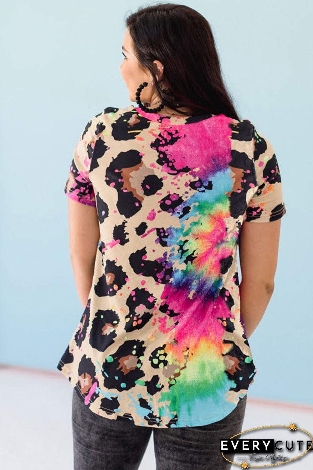 Multicolor Leopard Tie Dye Splicing T-shirt