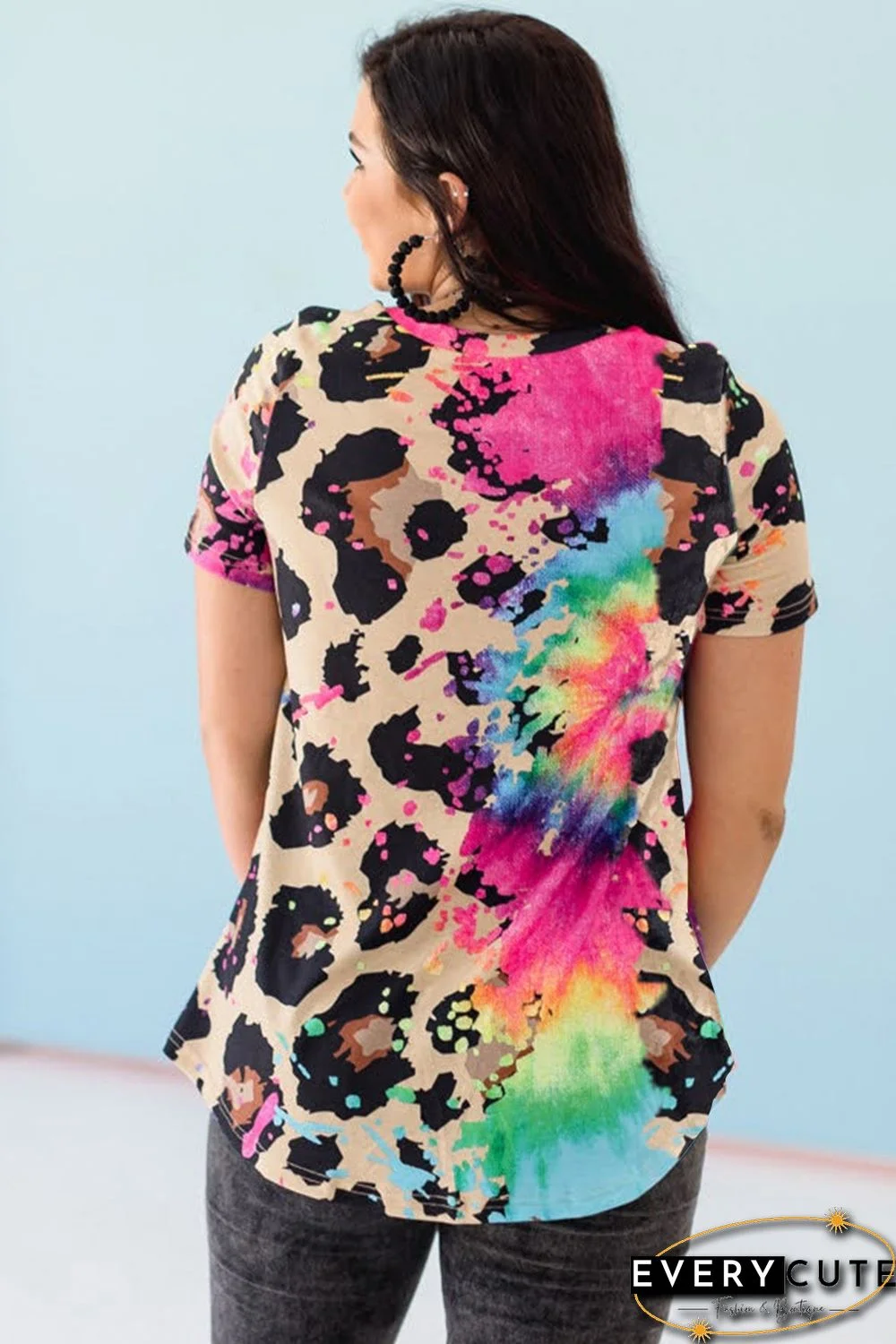 Multicolor Leopard Tie Dye Splicing T-shirt