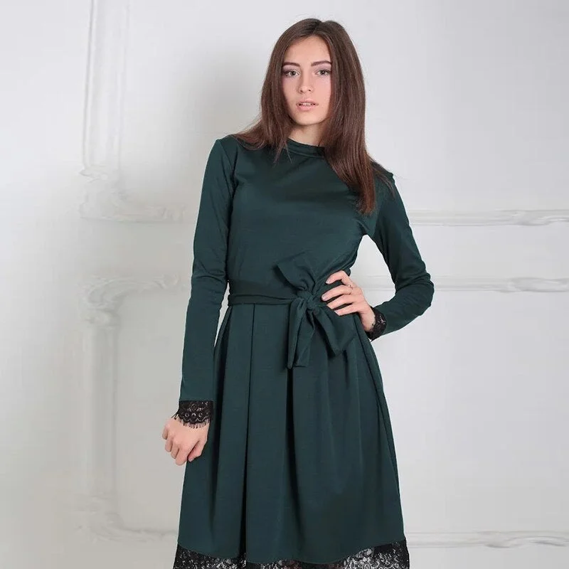 Women Vintage Lace Patchwork Sashes A-line Dress Long Sleeve O neck Solid Elegant Casual Party Dress 2021 Autumn Fashion Dress