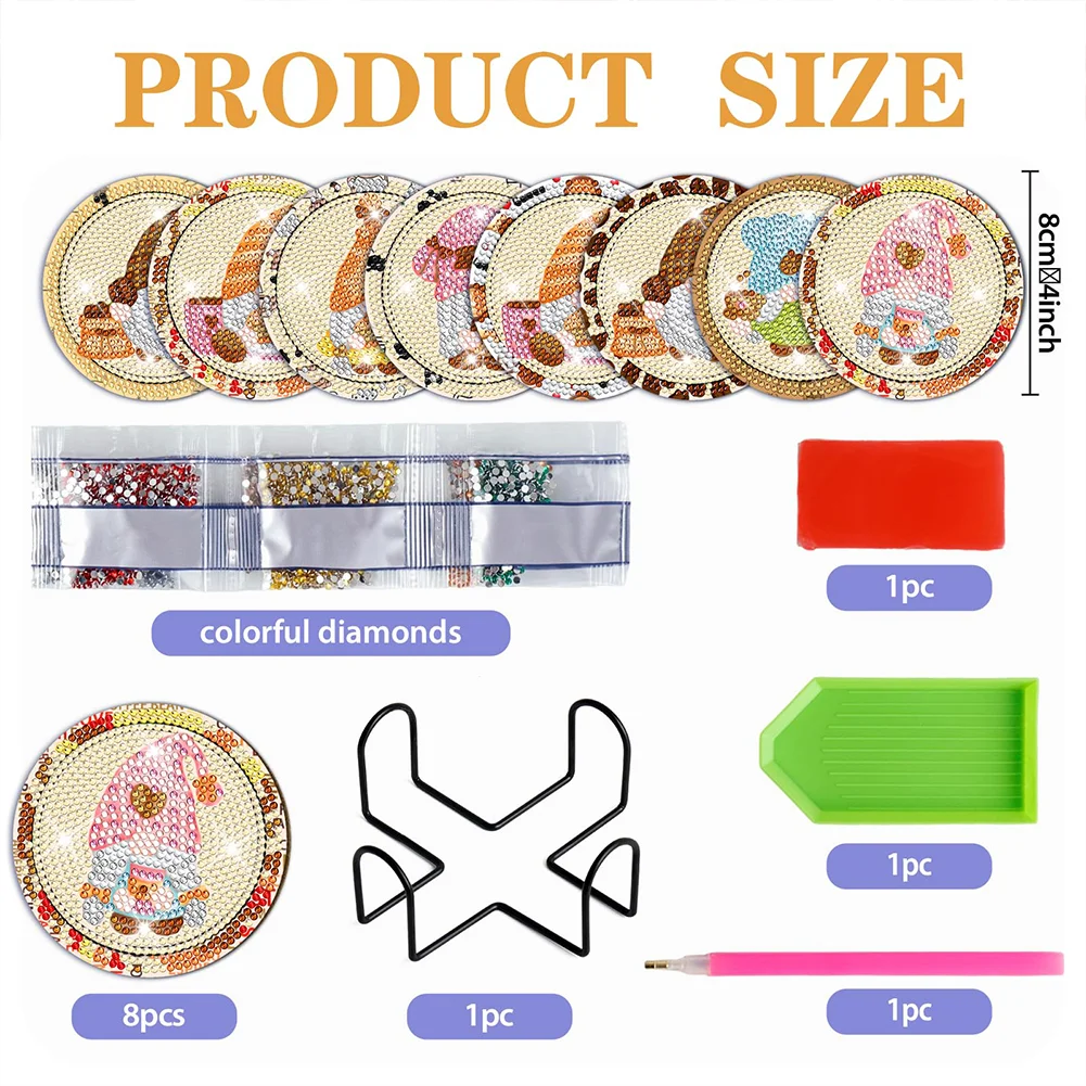 8pcs DIY Coffee Bean Gnome Acrylic Diamond Painting DIY Coaster for Adults Kids