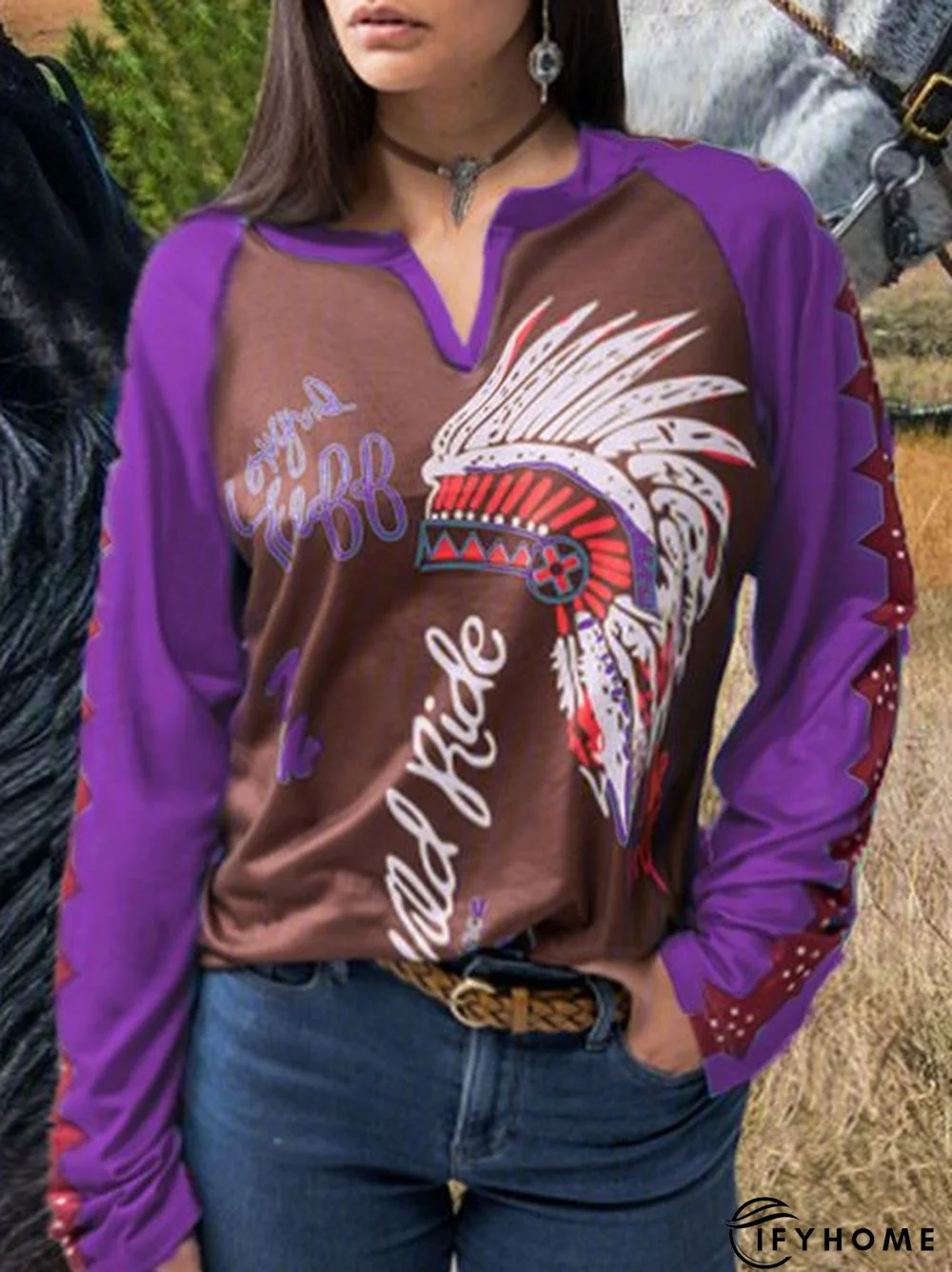 Color Block Crew Neck Cotton-Blend Blouse | IFYHOME