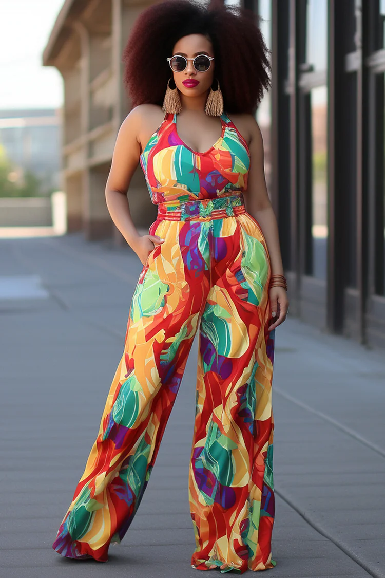 Xpluswear Design Plus Size Daily Rainbow Casual All Over Print Halter Collar Pocket Jumpsuits [Pre-Order] 2024 - Xpluswear