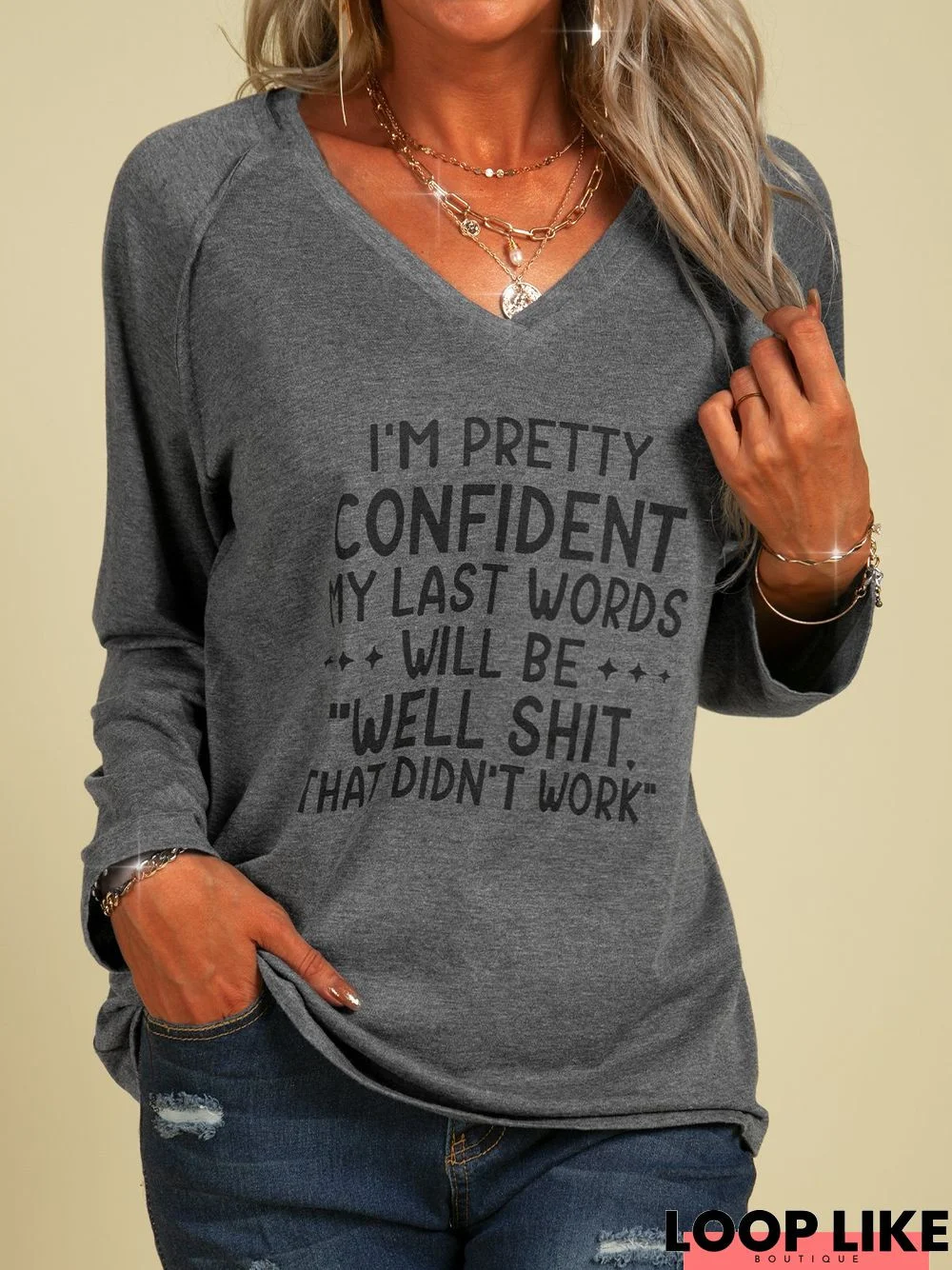 Long Sleeve V Neck Printed Top T-shirt