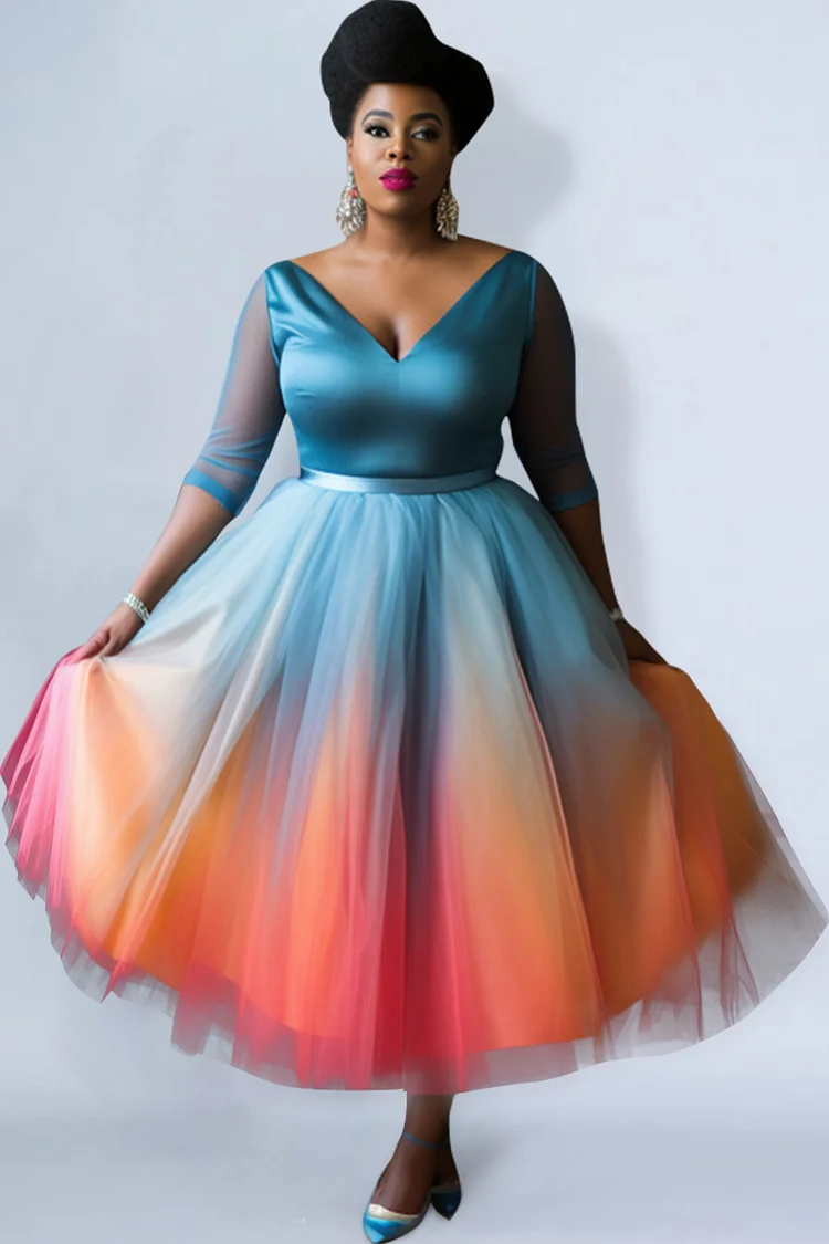 Xpluswear Design Plus Size Wedding Guest Elegant Blue Gradient V Neck Half Sleeve See Through Tulle Midi Dresses