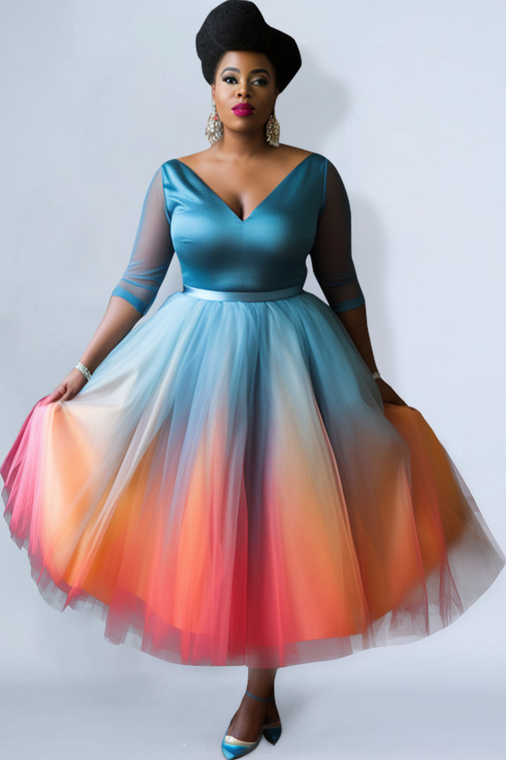 Design Plus Size Wedding Guest Elegant Blue Gradient V Neck Half Sleeve See Through Tulle Midi Dresses [Pre-Order]