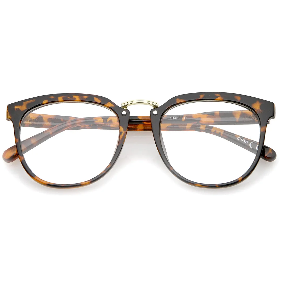 Classic Metal Bridge Square Flat Clear Lens Horn Rimmed Eyeglasses 55mm