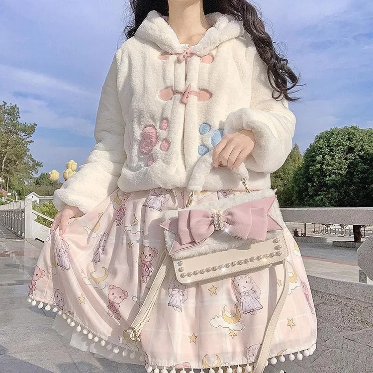 Soft Sweet White Fuzzy Bunny Lolita Cropped Hoodie Jacket SS2062