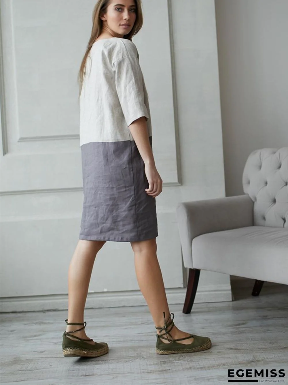 Loose Solid Color Cotton Linen Patchwork Dress Round Neck Seven Sleeve Skirt Waist | EGEMISS