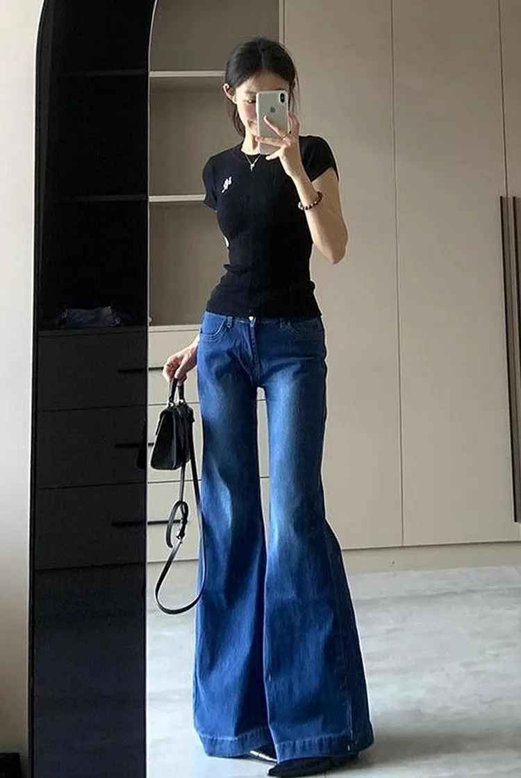 Low Rise Flared Denim Pants Women's Long and Distressed Blue Jeans