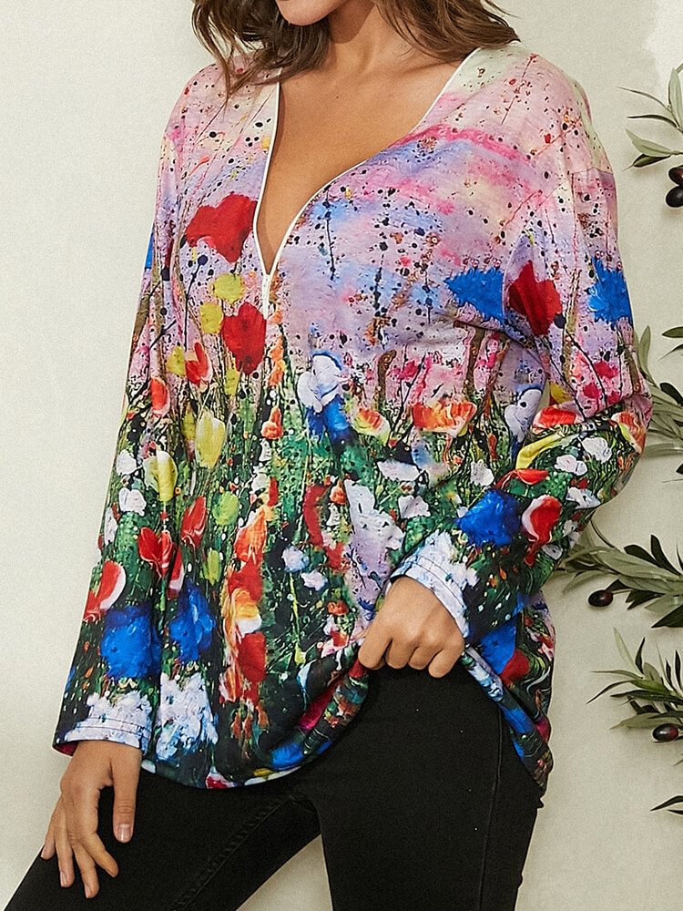 Floral Print V neck Zipper Long Sleeve Casual T shirt for Women P1792930