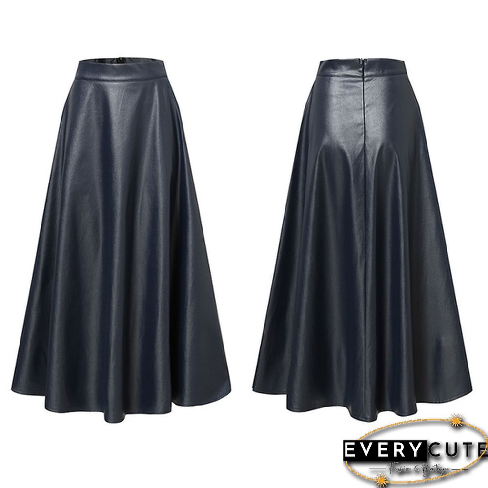 S- Women Faux Leather Vintage Maxi Long Skirts High Waist Pleated Big Swing Skirt Dress